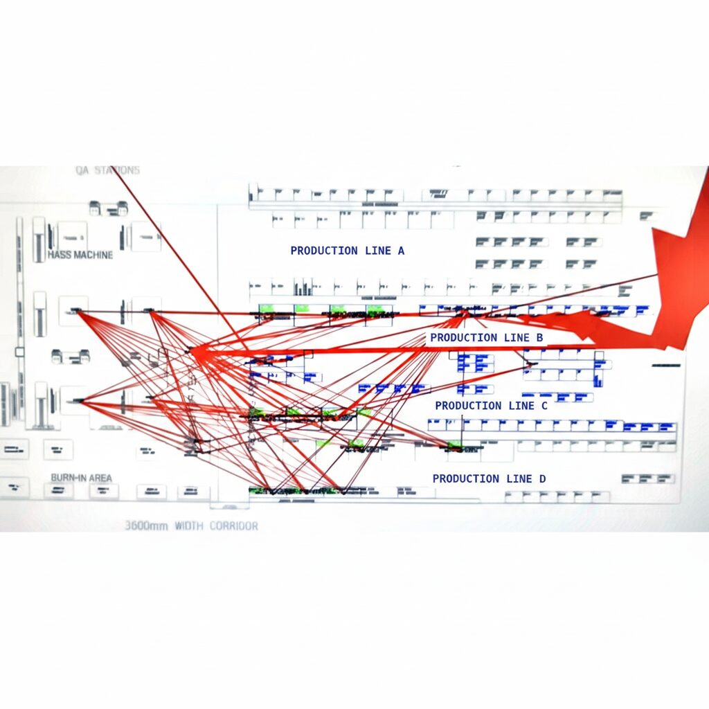 Detailed production line flow diagram with every traced path between stations
