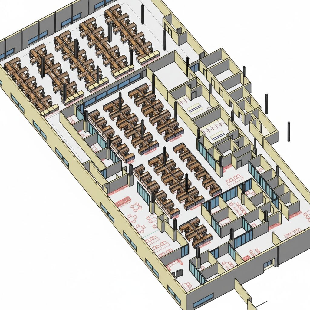 3D render of ceiling utility runs and equipment coordination
