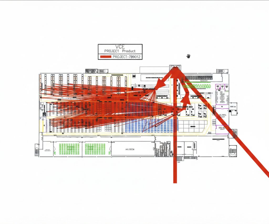 Facility-wide product flow map traced across the full warehouse footprint